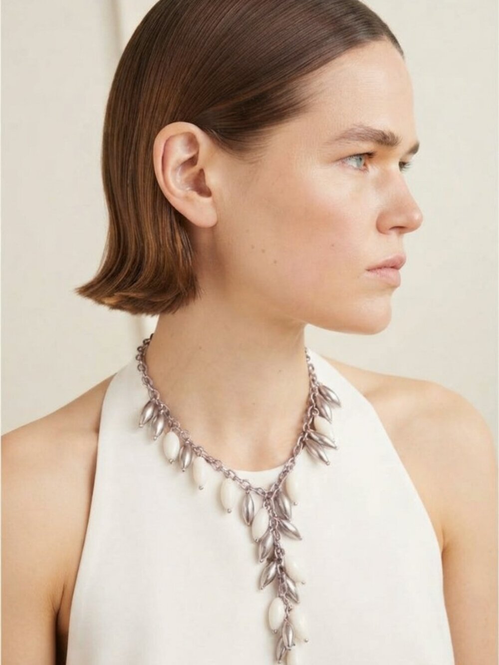 Designer Vintage Silver and White Onyx Y necklace Angelique De Paris
